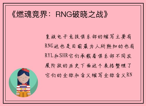 《燃魂竞界：RNG破晓之战》